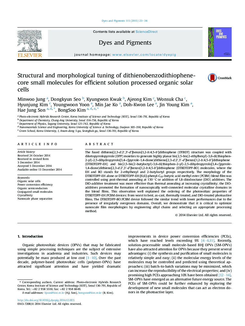 Structural and morphological tuning of dithienobenzodithiophene-core small molecules for efficient solution processed organic solar cells