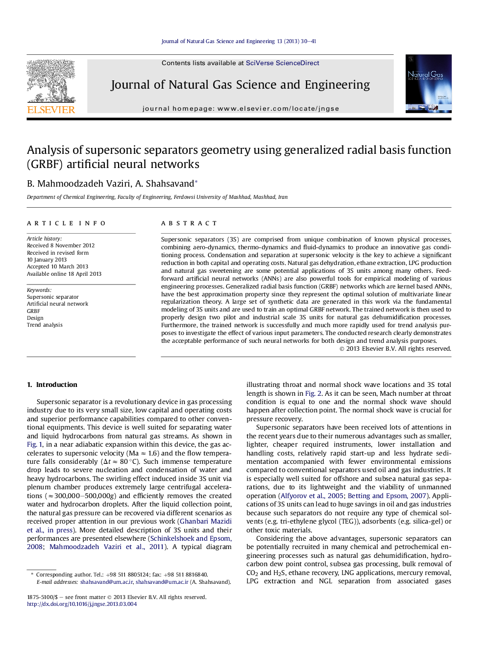 Analysis of supersonic separators geometry using generalized radial basis function (GRBF) artificial neural networks