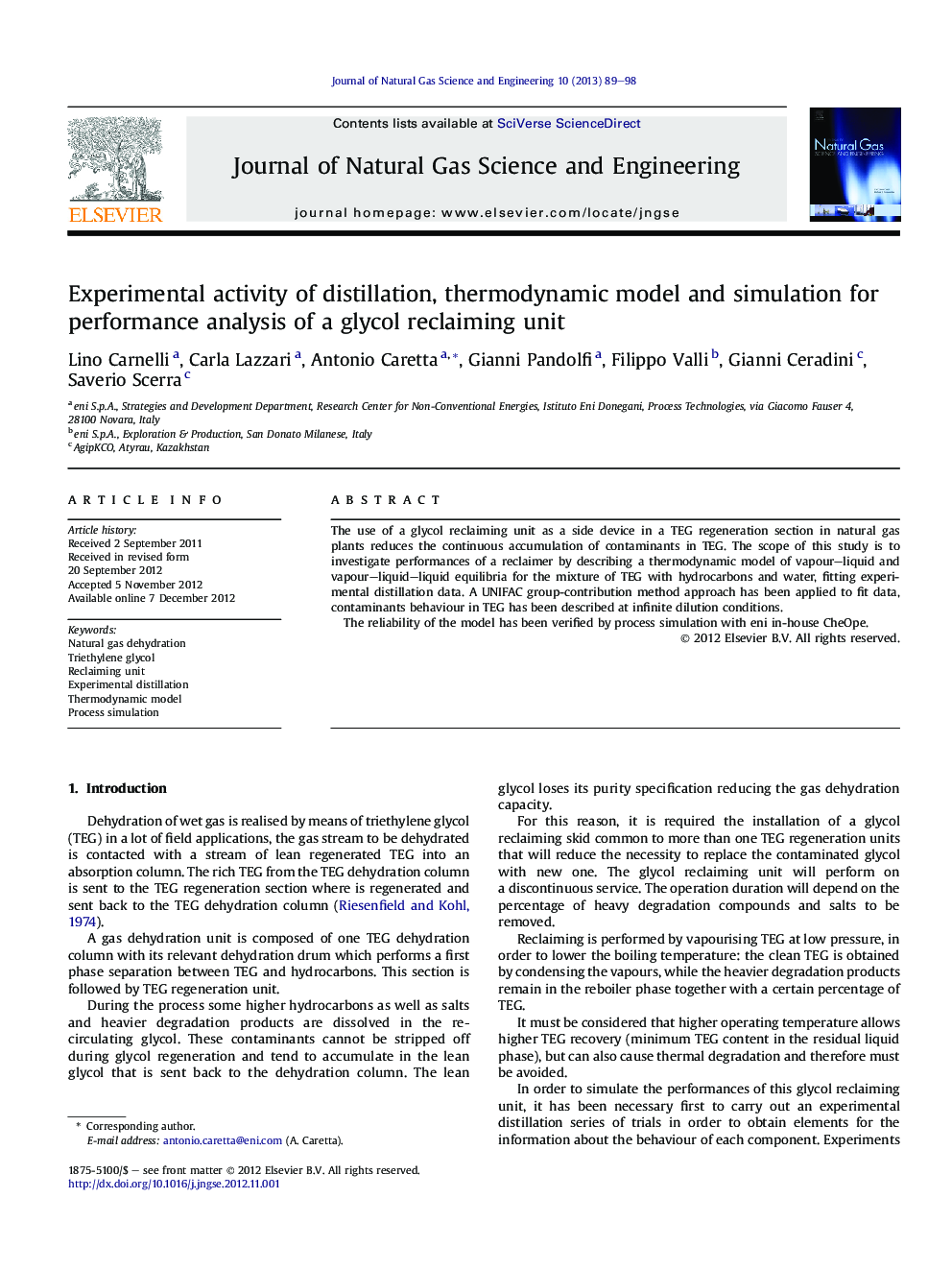 Experimental activity of distillation, thermodynamic model and simulation for performance analysis of a glycol reclaiming unit