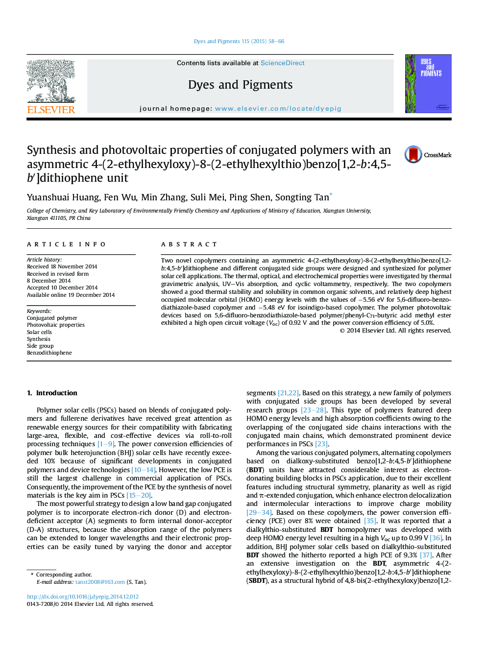 Synthesis and photovoltaic properties of conjugated polymers with an asymmetric 4-(2-ethylhexyloxy)-8-(2-ethylhexylthio)benzo[1,2-b:4,5-b′]dithiophene unit