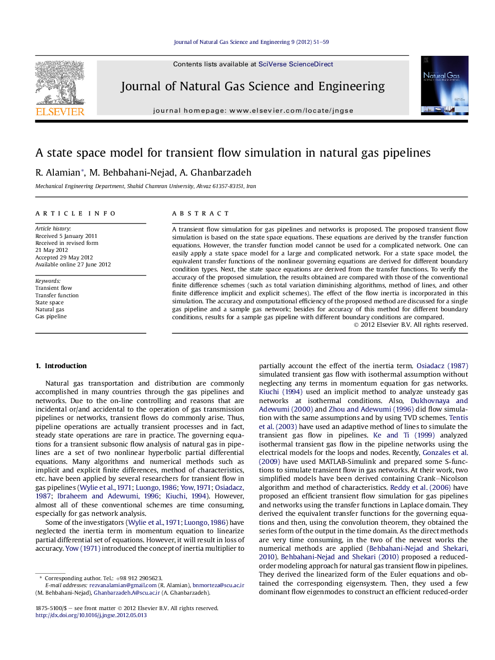 A state space model for transient flow simulation in natural gas pipelines