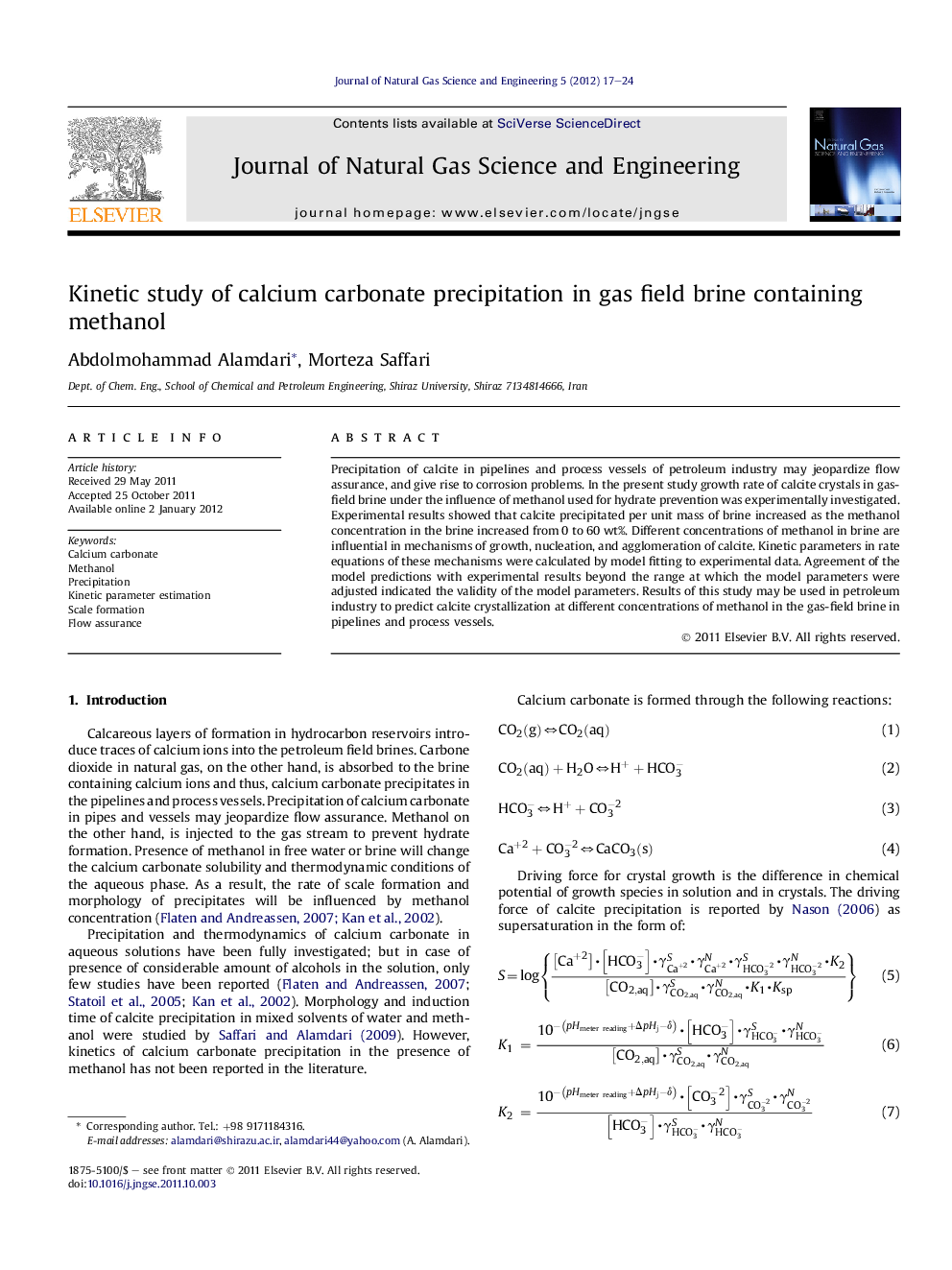 Kinetic study of calcium carbonate precipitation in gas field brine containing methanol