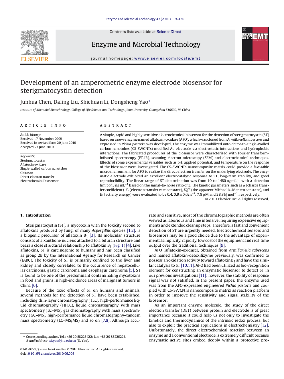 Development of an amperometric enzyme electrode biosensor for sterigmatocystin detection