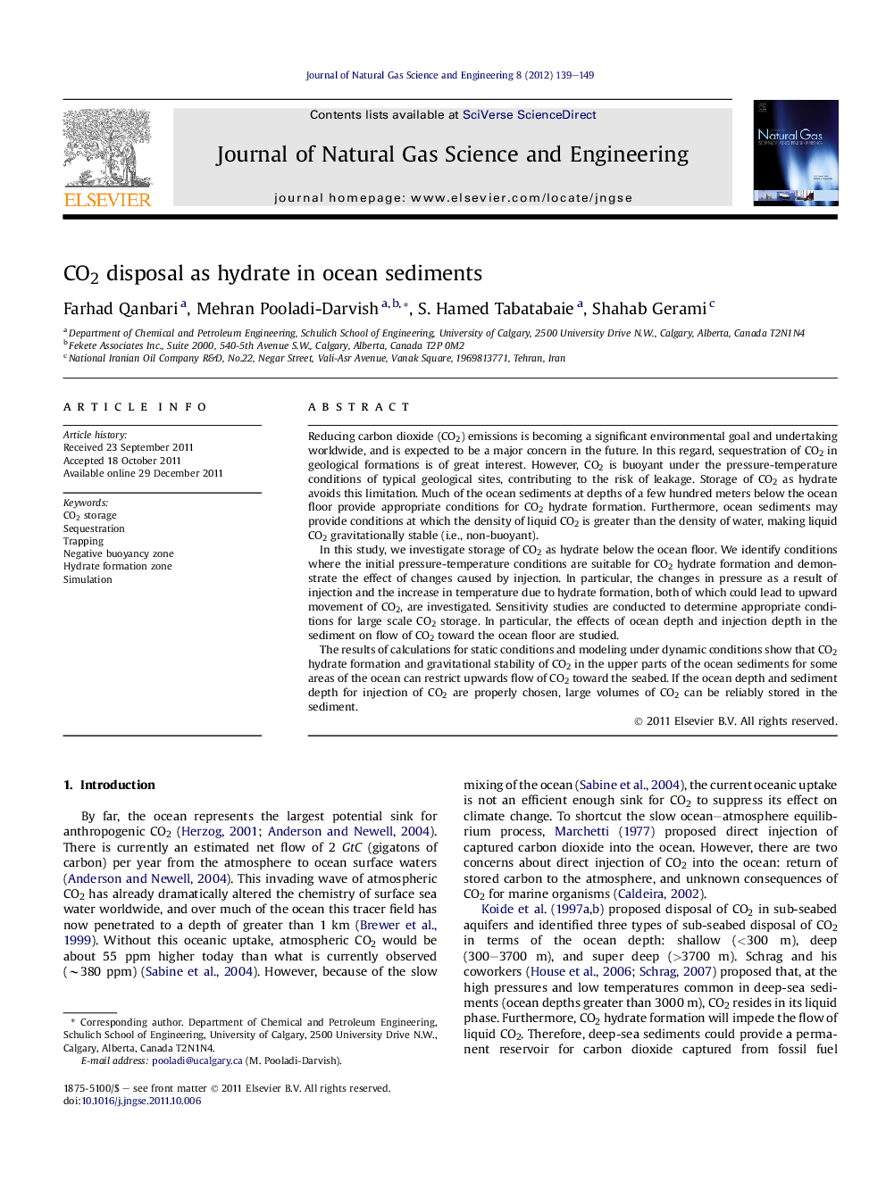 CO2 disposal as hydrate in ocean sediments