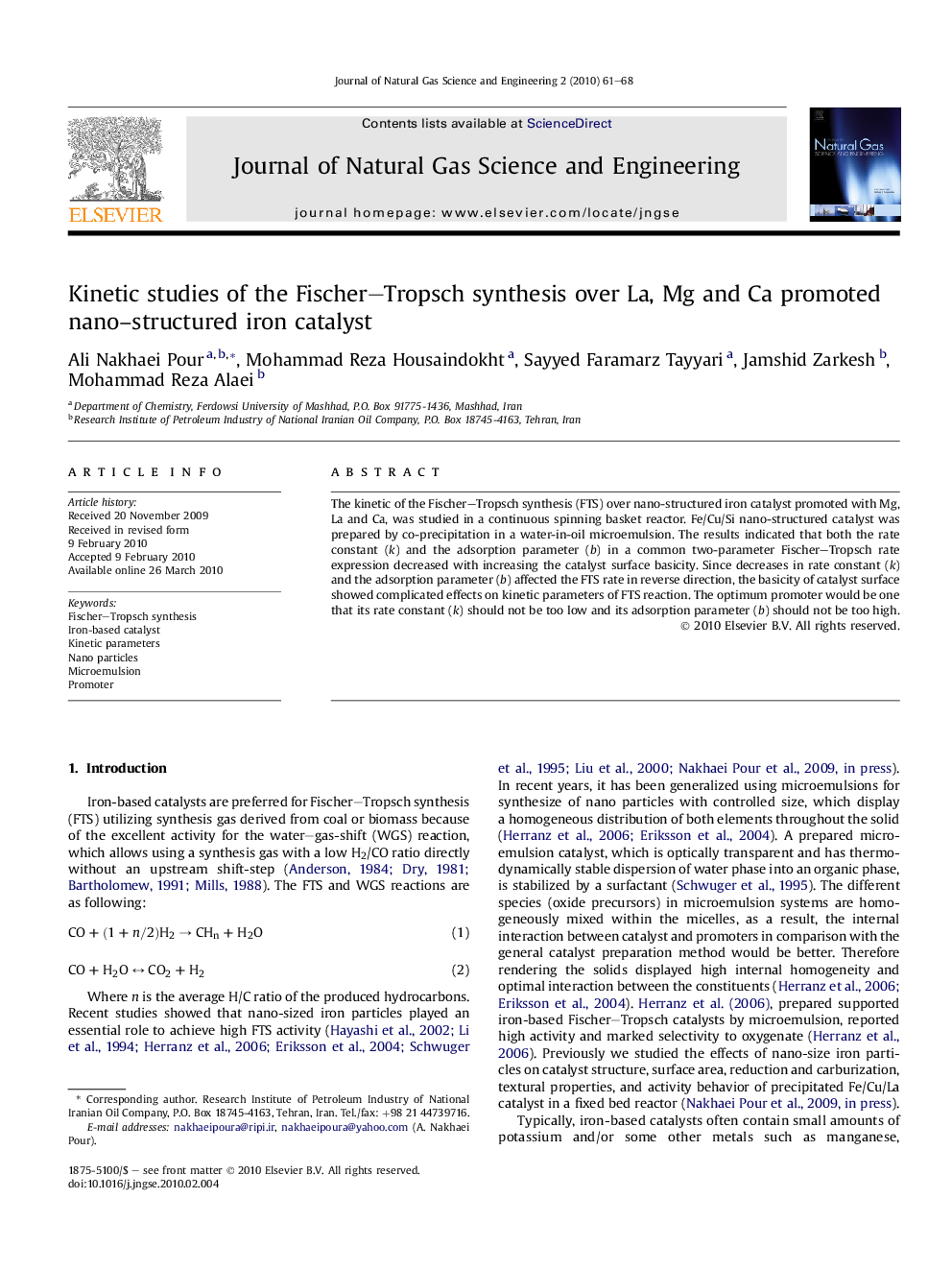 Kinetic studies of the Fischer–Tropsch synthesis over La, Mg and Ca promoted nano-structured iron catalyst