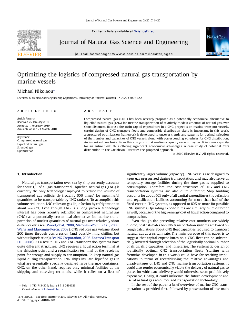 Optimizing the logistics of compressed natural gas transportation by marine vessels