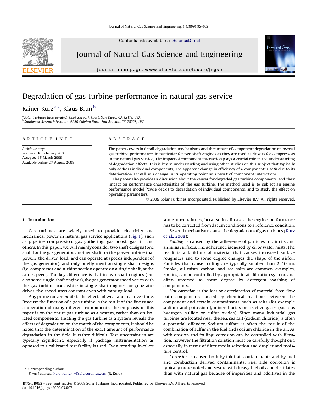 Degradation of gas turbine performance in natural gas service