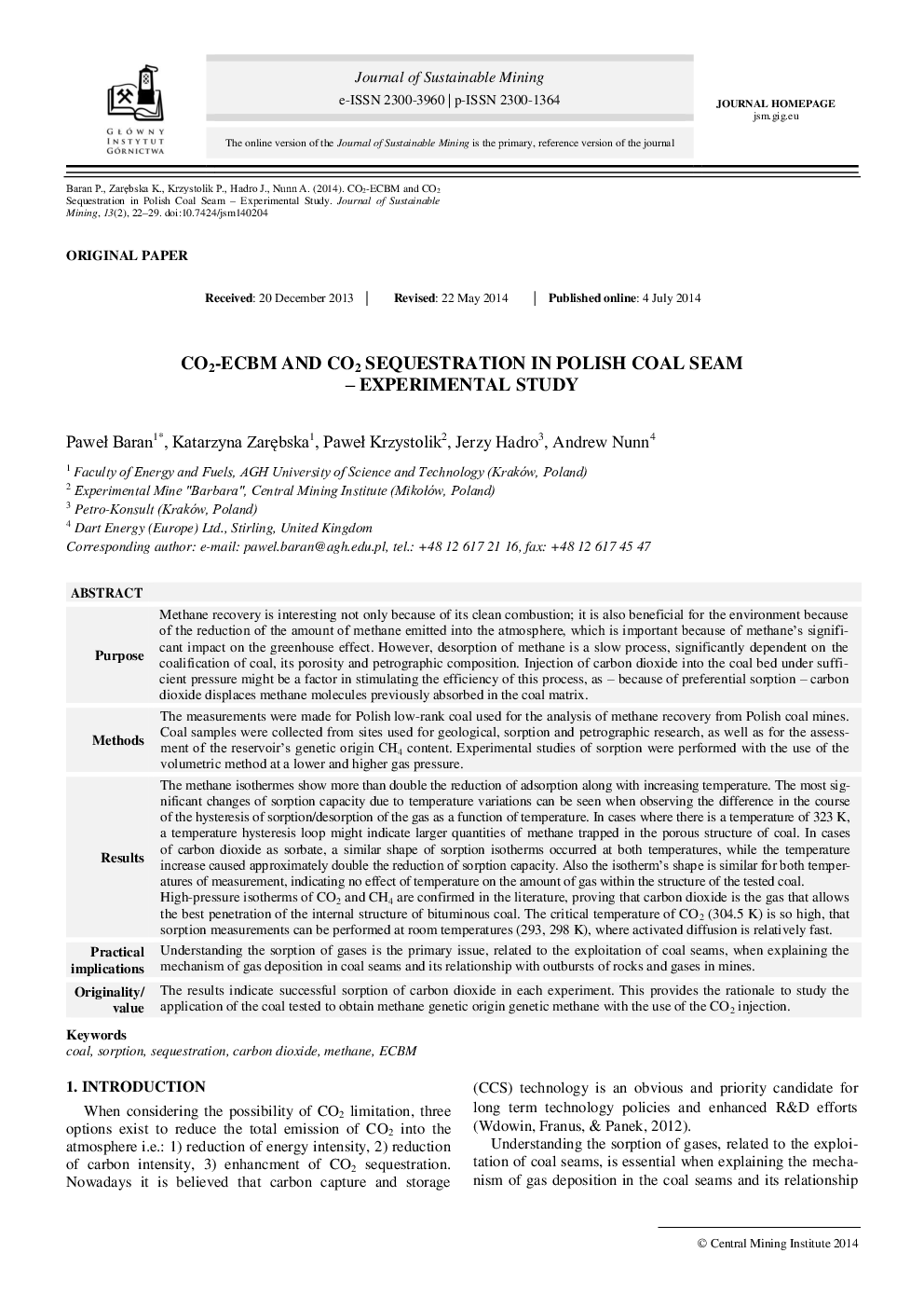 CO2-ECBM and CO2 Sequestration in Polish Coal Seam – Experimental Study