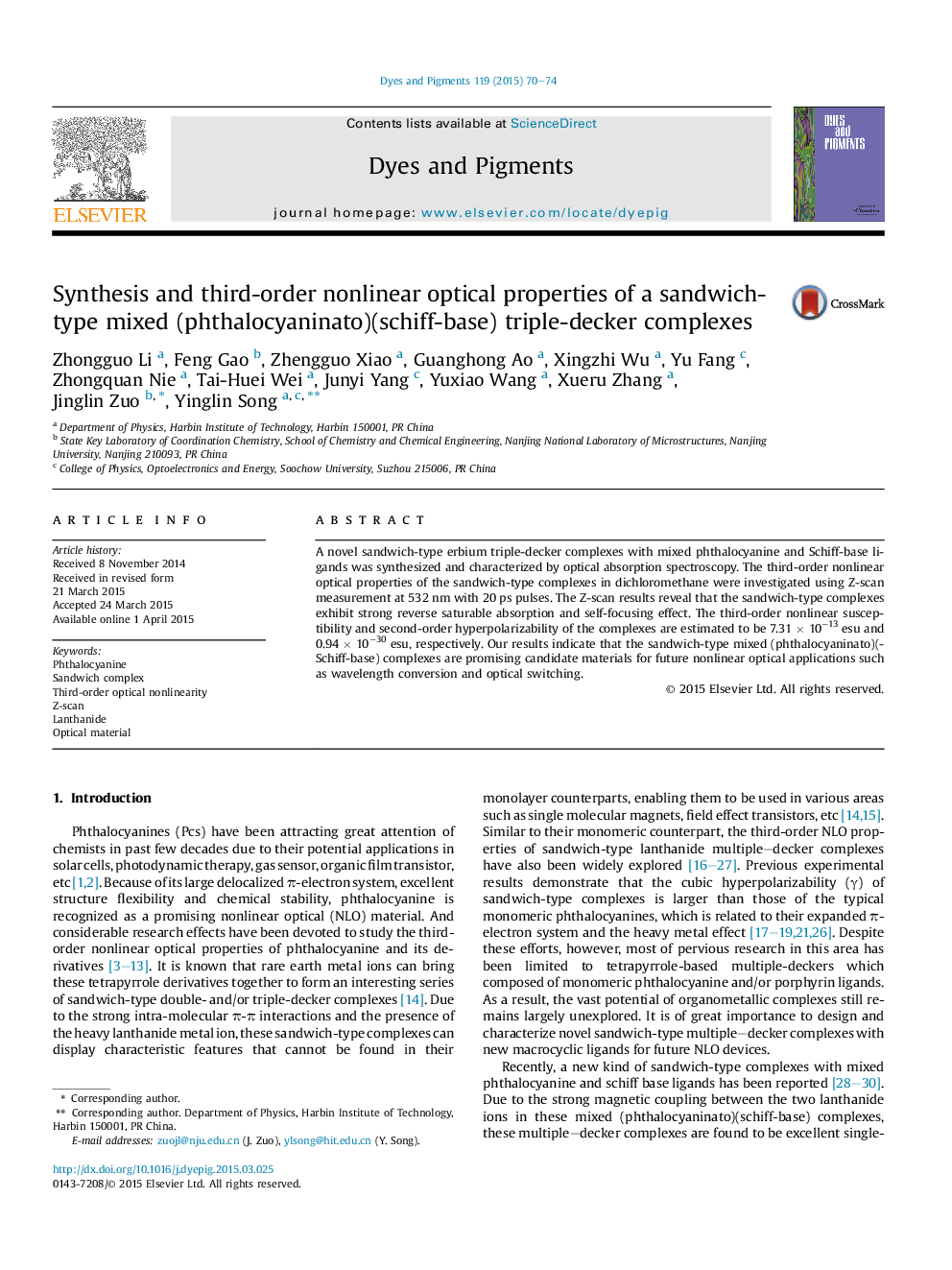 ترکیبات سنتز و خواص اپتیکی غیر خطی سومین مجموعه مجتمع سه طبقه ای مخلوط (فتالوسیانیناتو) (شیف-پایه) 