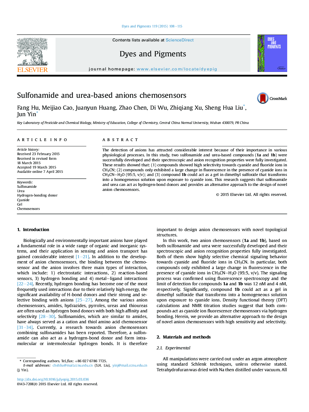 Sulfonamide and urea-based anions chemosensors