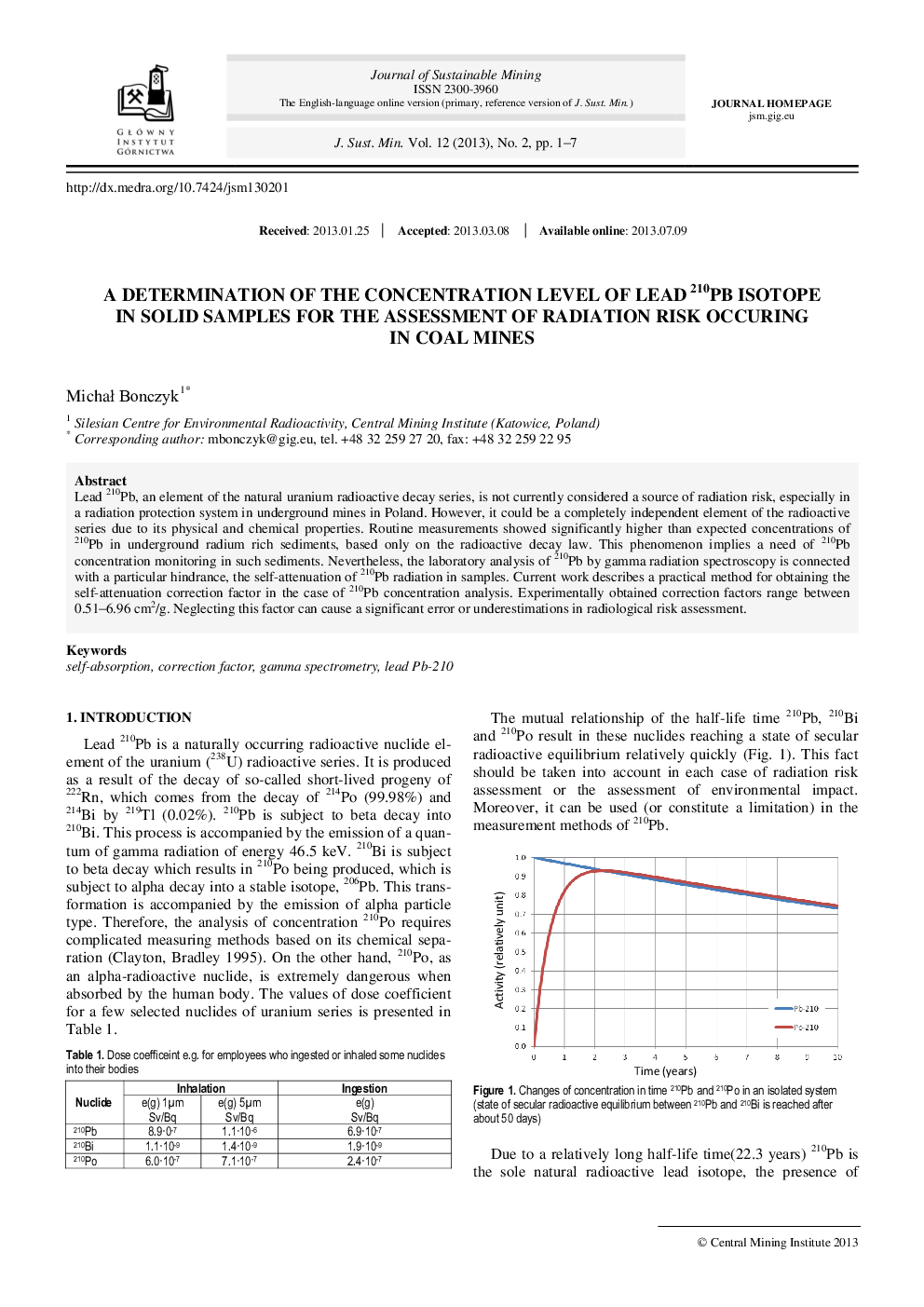 A Determination of the Concentration Level of Lead 210 PB Isotope in Solid Samples for the Assessment of Radiation Risk Occuring in Coal Mines