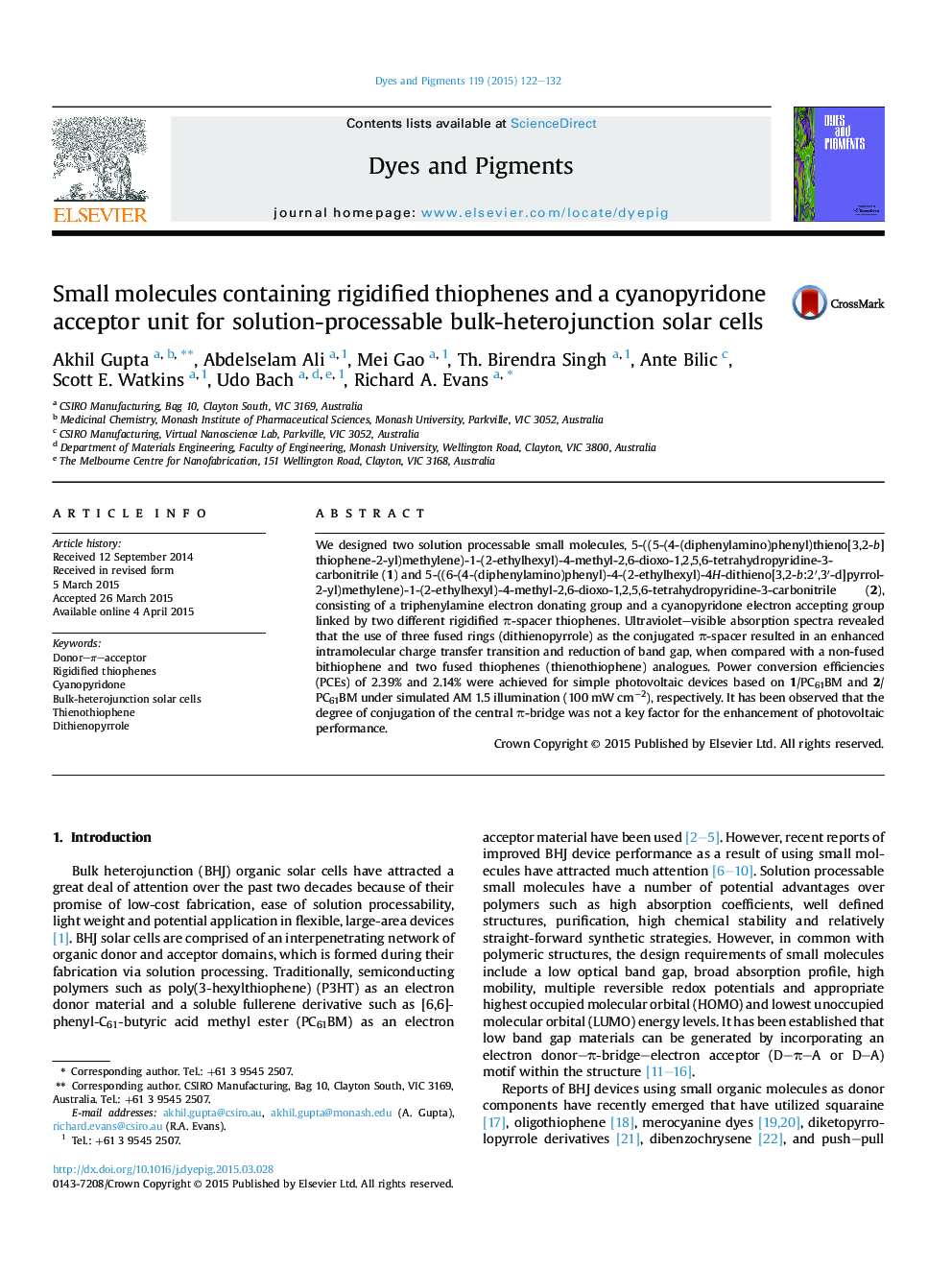 Small molecules containing rigidified thiophenes and a cyanopyridone acceptor unit for solution-processable bulk-heterojunction solar cells