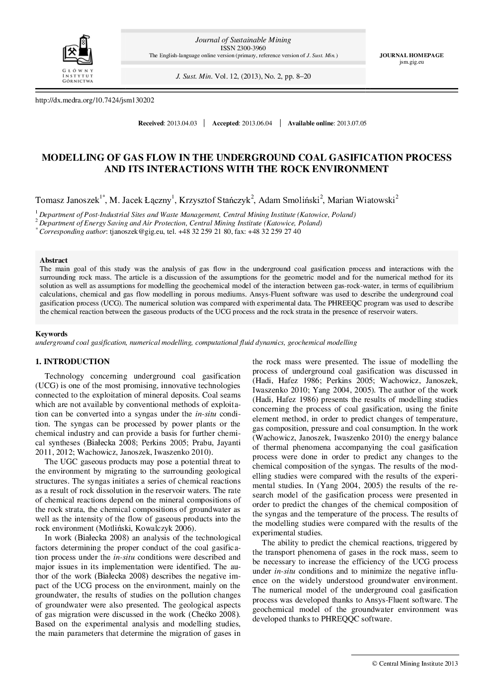 Modelling of Gas Flow in the Underground Coal Gasification Process and its Interactions with the Rock Environment