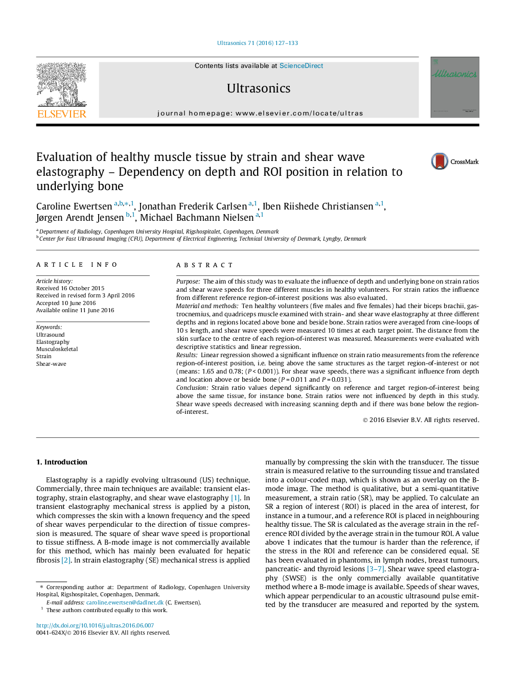 Evaluation of healthy muscle tissue by strain and shear wave elastography – Dependency on depth and ROI position in relation to underlying bone