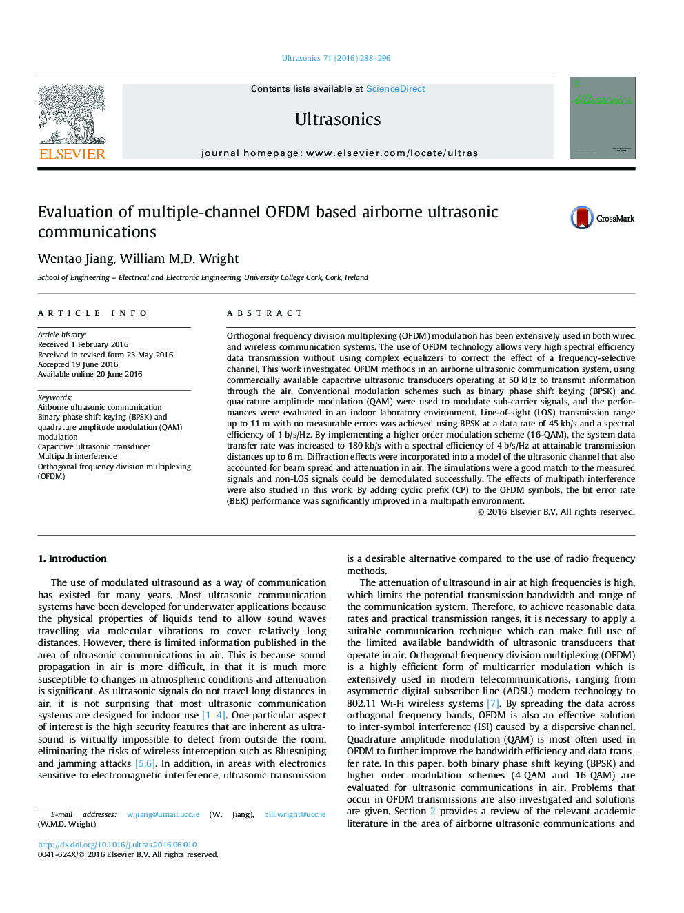 Evaluation of multiple-channel OFDM based airborne ultrasonic communications