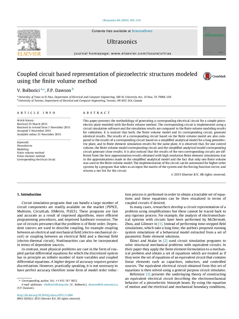 Coupled circuit based representation of piezoelectric structures modeled using the finite volume method