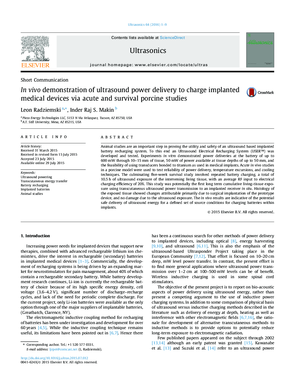 In vivo demonstration of ultrasound power delivery to charge implanted medical devices via acute and survival porcine studies