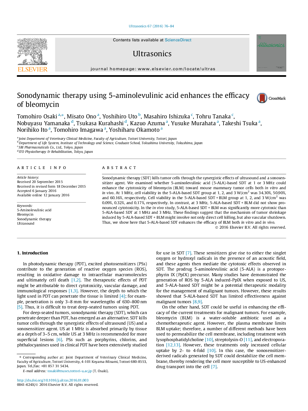 Sonodynamic therapy using 5-aminolevulinic acid enhances the efficacy of bleomycin