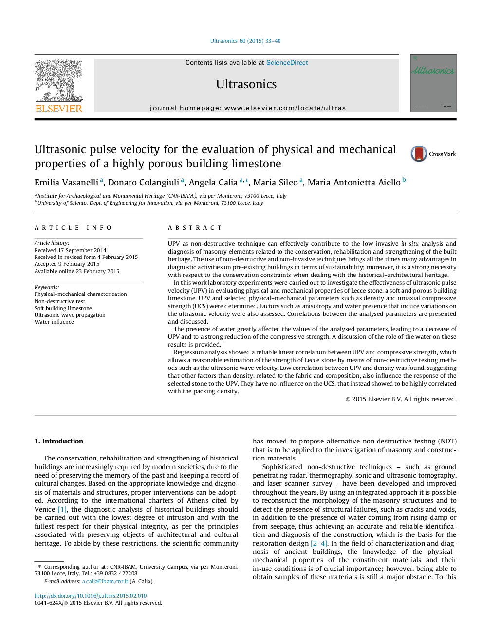 Ultrasonic pulse velocity for the evaluation of physical and mechanical properties of a highly porous building limestone