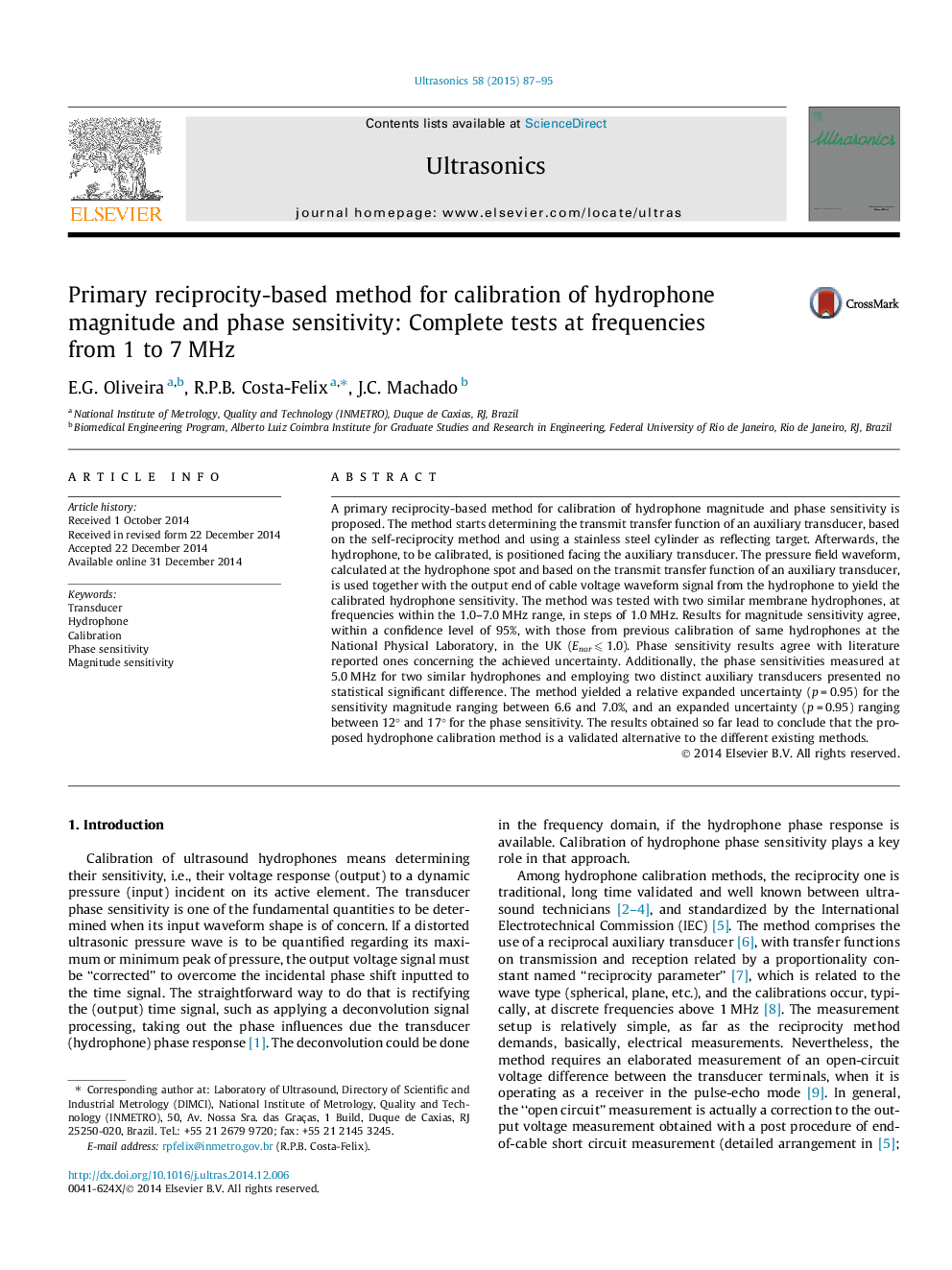 Primary reciprocity-based method for calibration of hydrophone magnitude and phase sensitivity: Complete tests at frequencies from 1 to 7 MHz