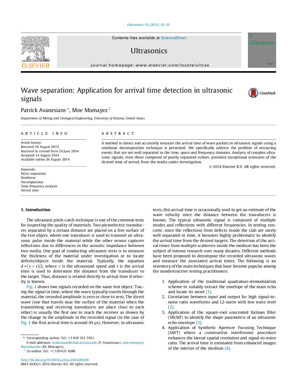 Wave separation: Application for arrival time detection in ultrasonic signals