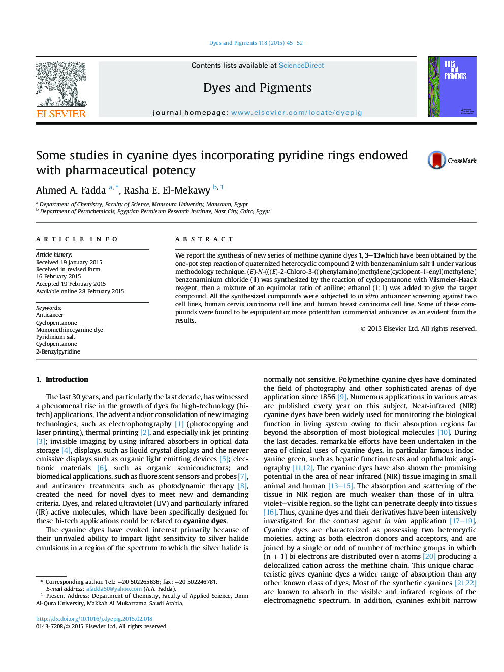 Some studies in cyanine dyes incorporating pyridine rings endowed with pharmaceutical potency