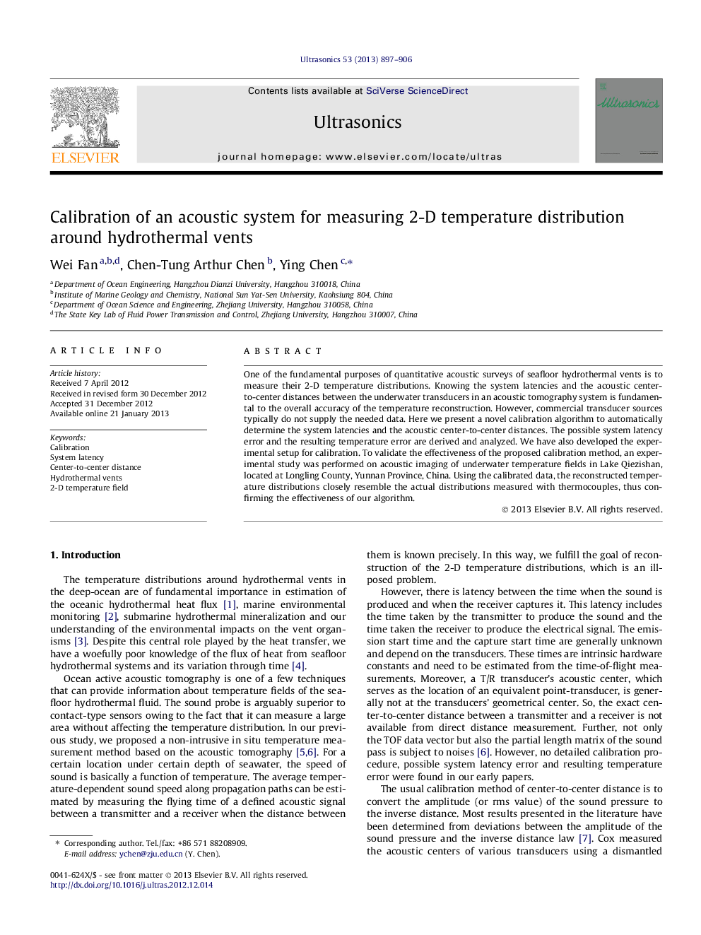 Calibration of an acoustic system for measuring 2-D temperature distribution around hydrothermal vents