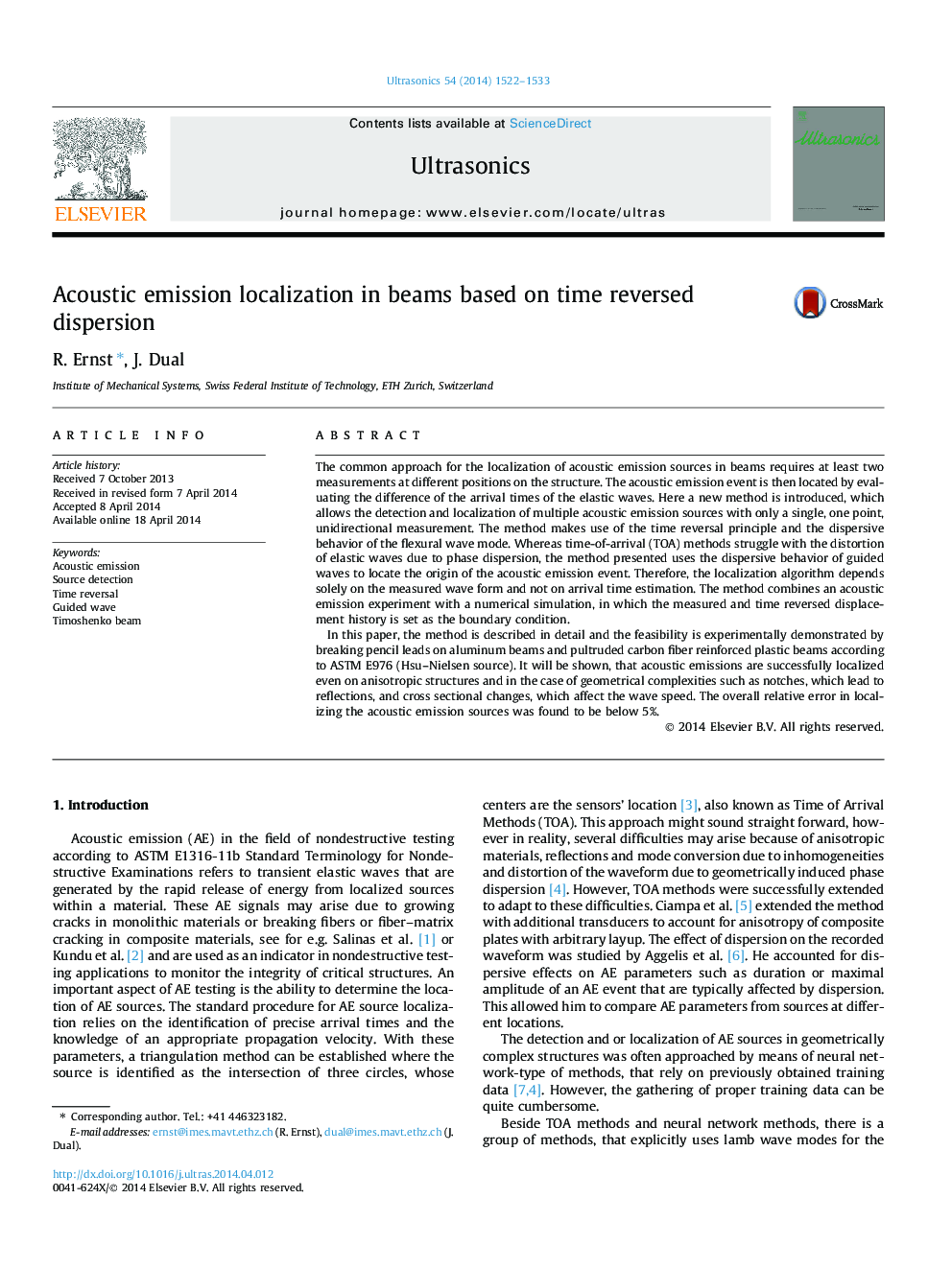 Acoustic emission localization in beams based on time reversed dispersion