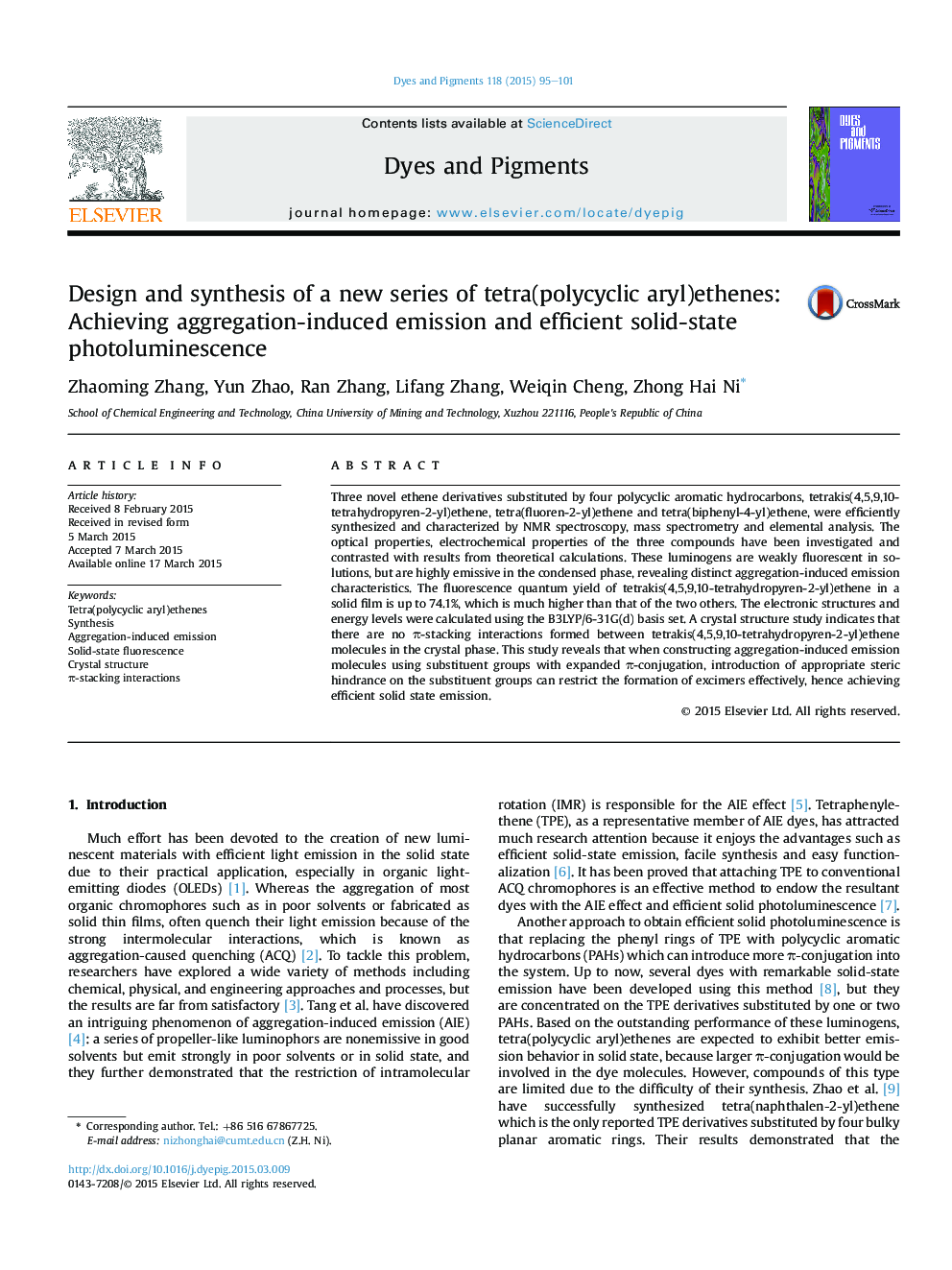 Design and synthesis of a new series of tetra(polycyclic aryl)ethenes: Achieving aggregation-induced emission and efficient solid-state photoluminescence