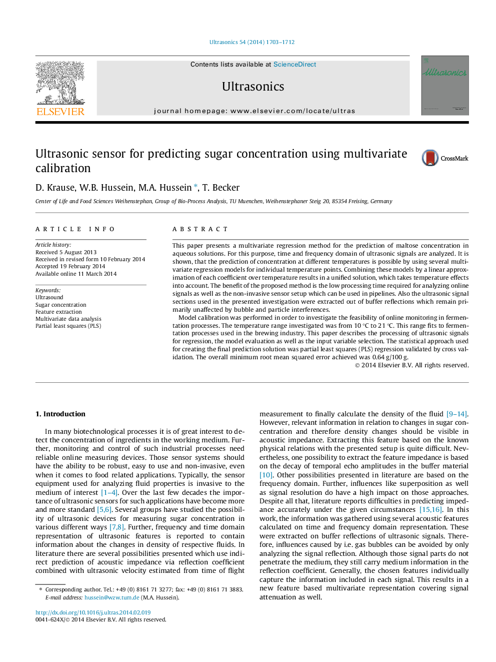 Ultrasonic sensor for predicting sugar concentration using multivariate calibration