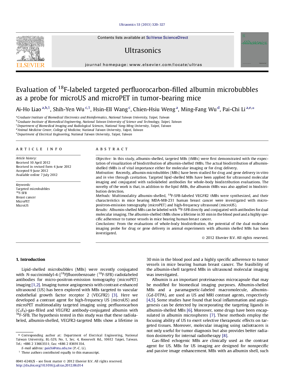 Evaluation of 18F-labeled targeted perfluorocarbon-filled albumin microbubbles as a probe for microUS and microPET in tumor-bearing mice