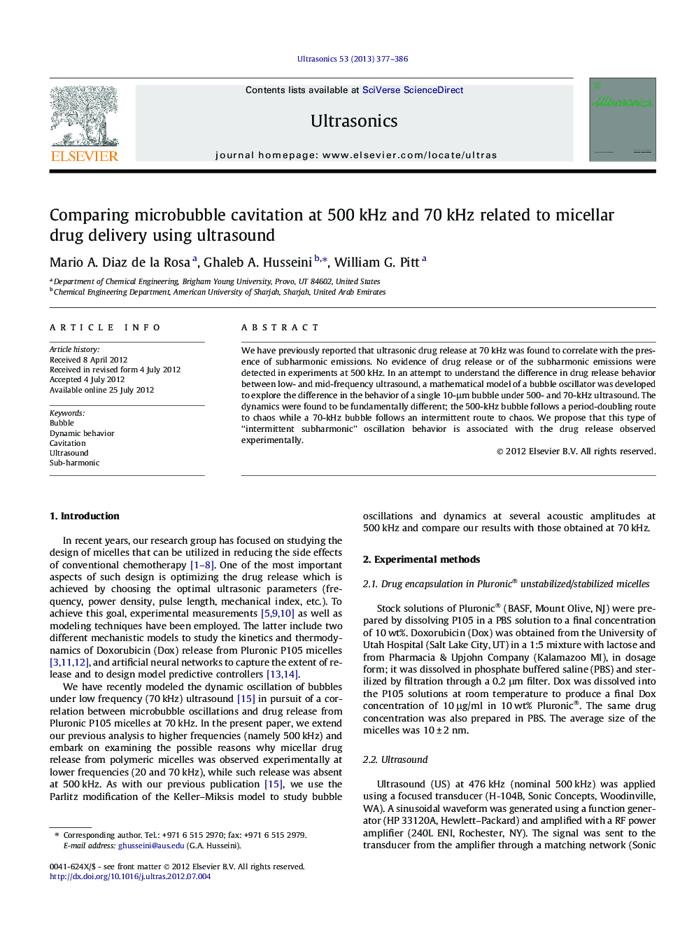 Comparing microbubble cavitation at 500 kHz and 70 kHz related to micellar drug delivery using ultrasound