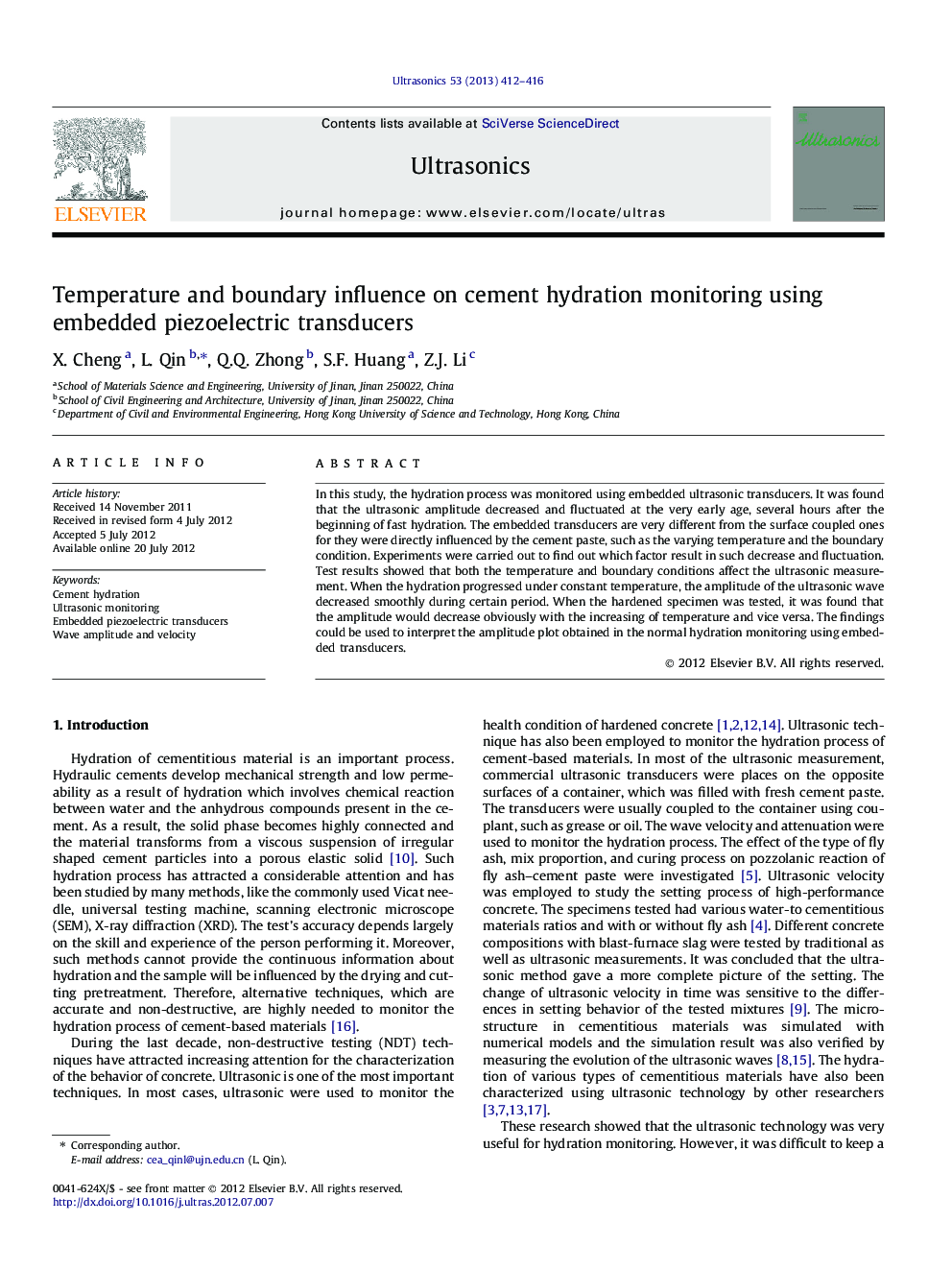 Temperature and boundary influence on cement hydration monitoring using embedded piezoelectric transducers