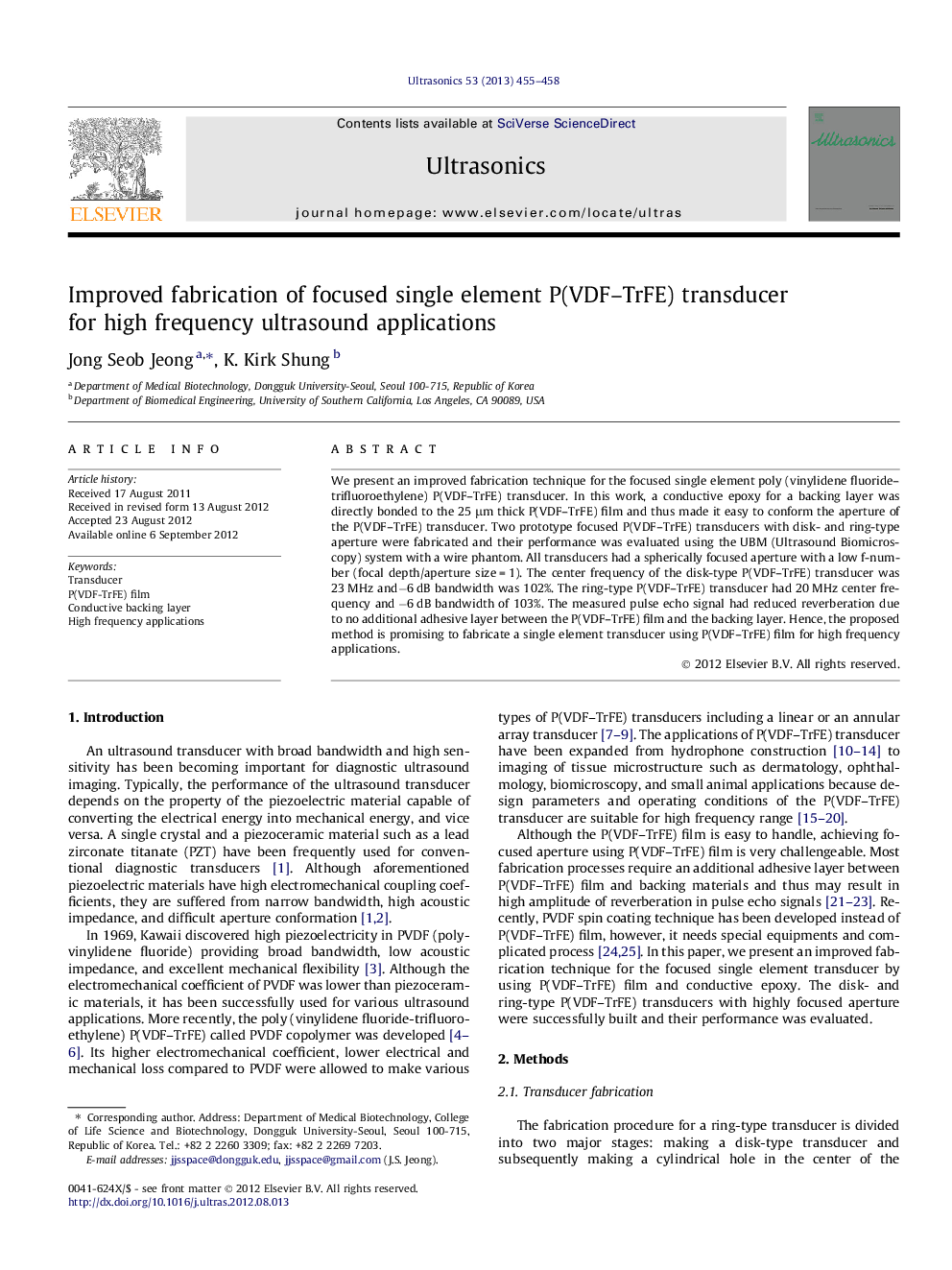 Improved fabrication of focused single element P(VDF–TrFE) transducer for high frequency ultrasound applications