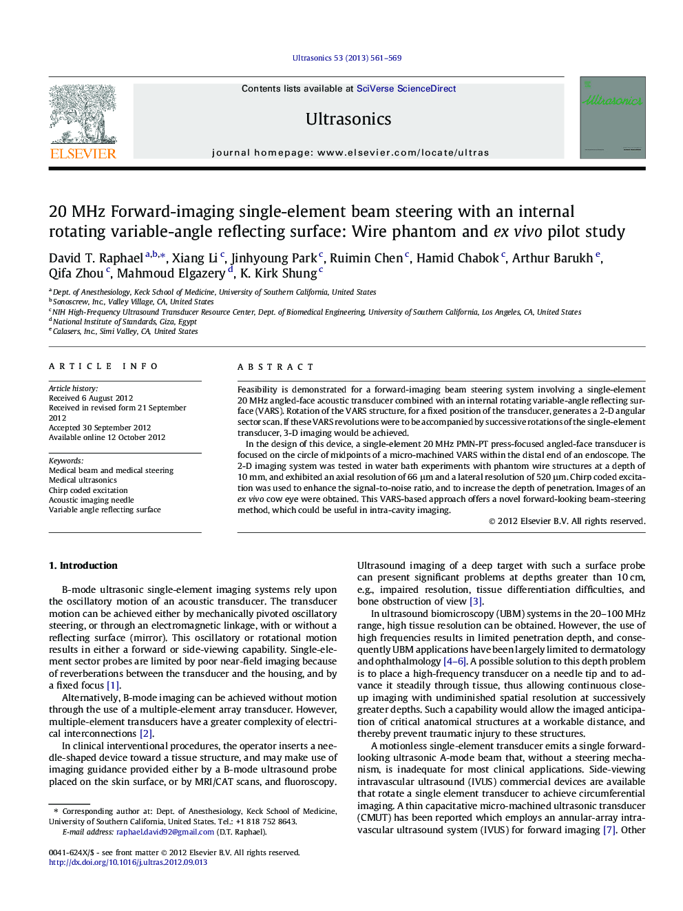 20 MHz forward-imaging single-element beam steering with an internal rotating variable-angle reflecting surface: Wire phantom and ex vivo pilot study