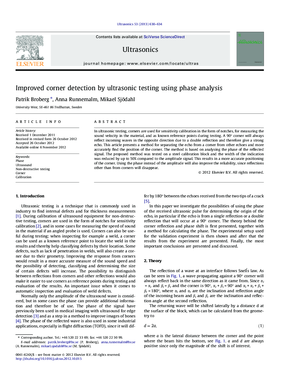 Improved corner detection by ultrasonic testing using phase analysis