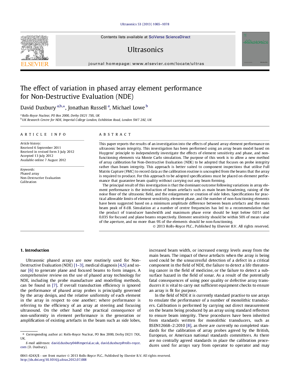 The effect of variation in phased array element performance for Non-Destructive Evaluation (NDE)