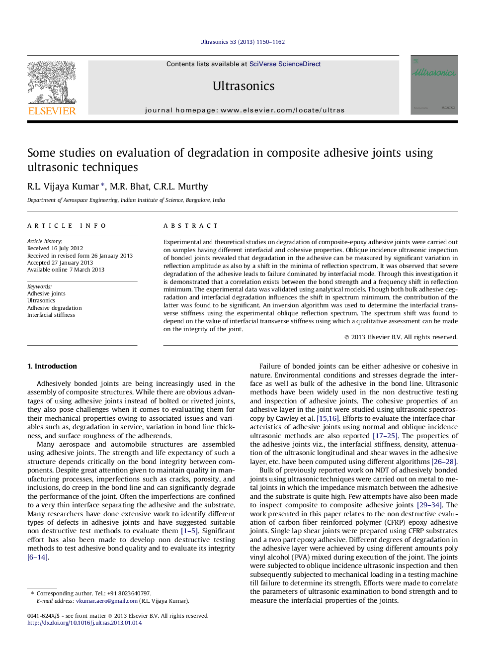 Some studies on evaluation of degradation in composite adhesive joints using ultrasonic techniques