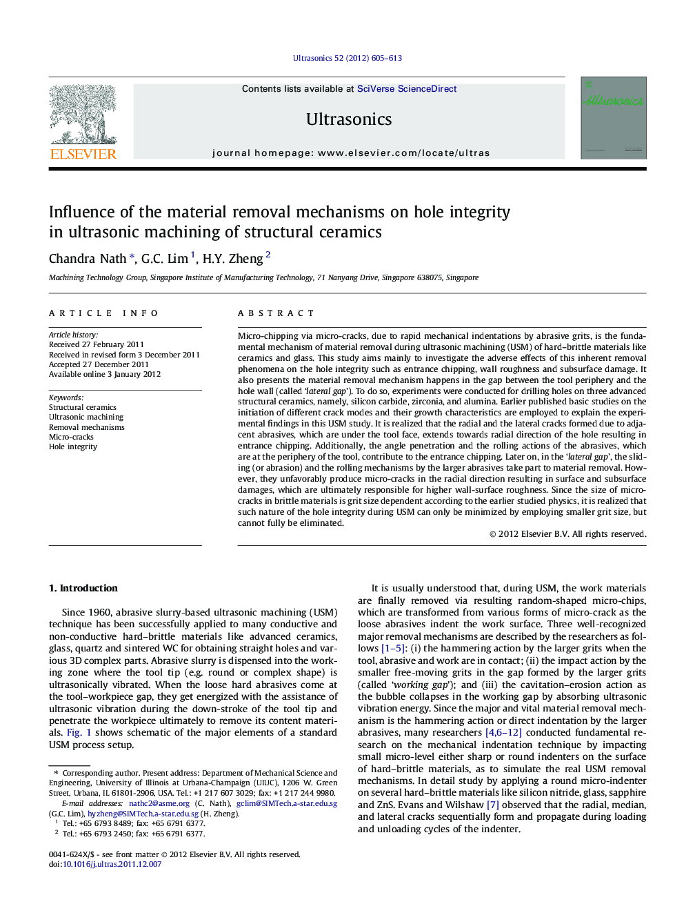 Influence of the material removal mechanisms on hole integrity in ultrasonic machining of structural ceramics