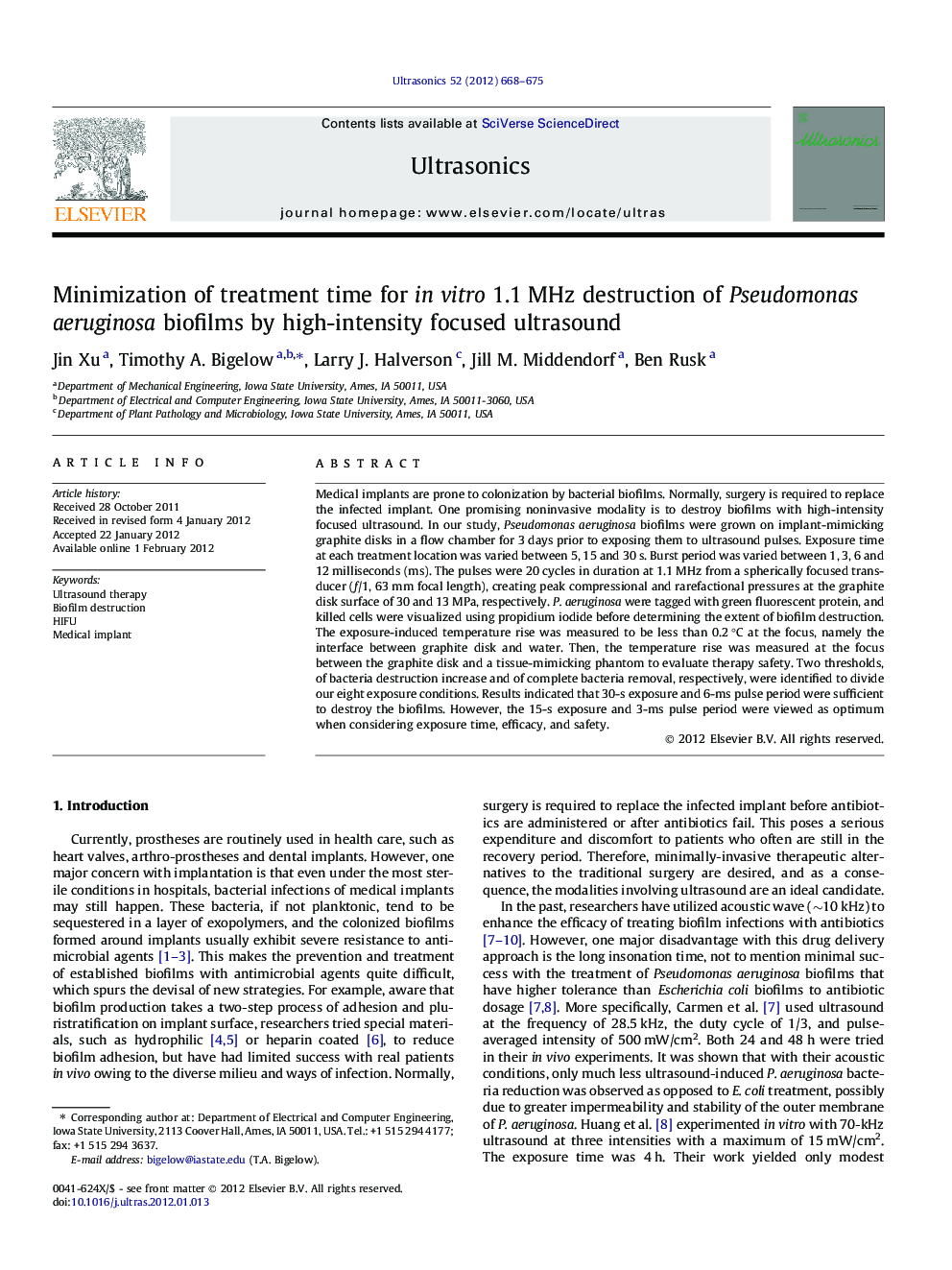 عکس صفحه اول مقاله: Minimization of treatment time for in vitro 1.1 MHz destruction of Pseudomonas aeruginosa biofilms by high-intensity focused ultrasound Minimization of treatment time for in vitro 1.1 MHz destruction of Pseudomonas aeruginosa biofilms by high-intensity focused ultrasound