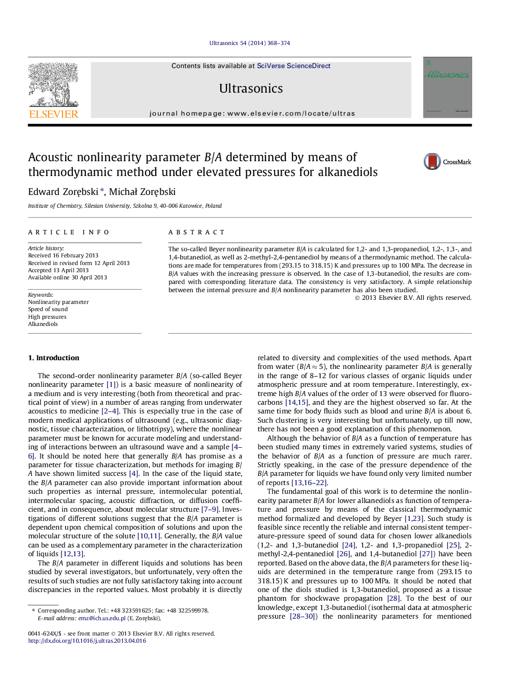 Acoustic nonlinearity parameter B/A determined by means of thermodynamic method under elevated pressures for alkanediols