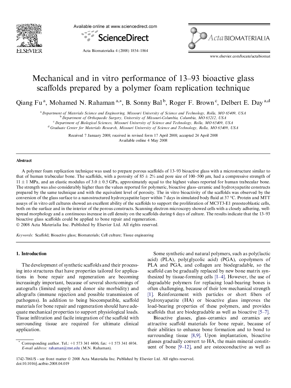 Mechanical and in vitro performance of 13–93 bioactive glass scaffolds prepared by a polymer foam replication technique