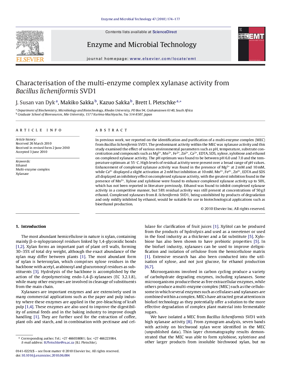 Characterisation of the multi-enzyme complex xylanase activity from Bacillus licheniformis SVD1