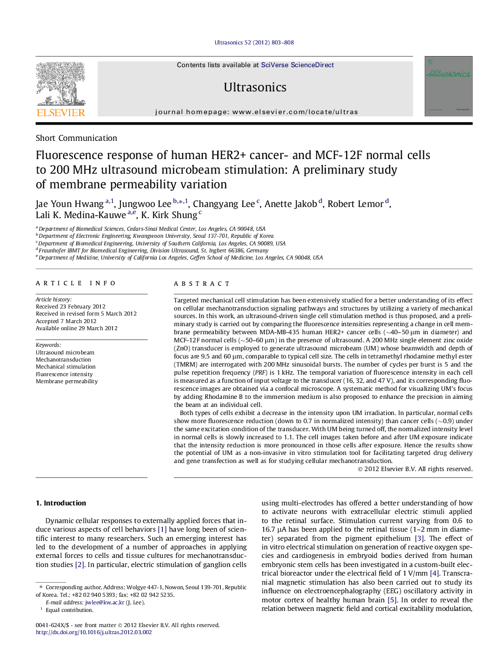 Fluorescence response of human HER2+ cancer- and MCF-12F normal cells to 200 MHz ultrasound microbeam stimulation: A preliminary study of membrane permeability variation