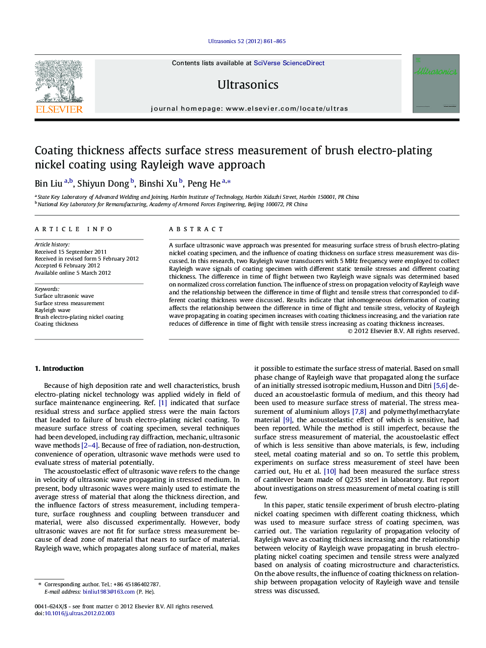 Coating thickness affects surface stress measurement of brush electro-plating nickel coating using Rayleigh wave approach