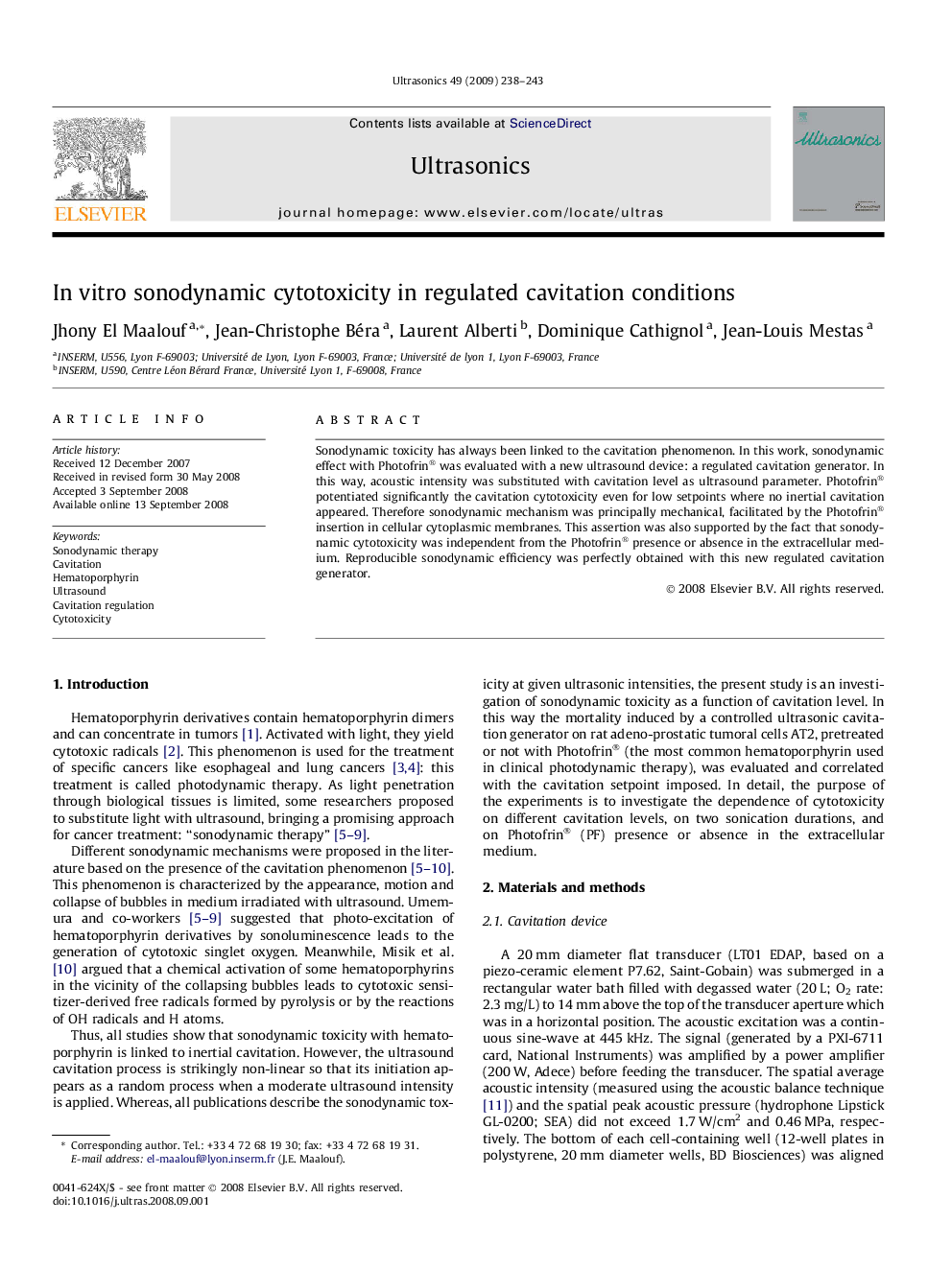 In vitro sonodynamic cytotoxicity in regulated cavitation conditions