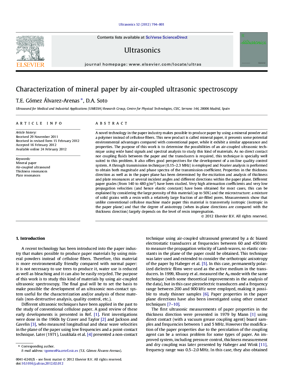 Characterization of mineral paper by air-coupled ultrasonic spectroscopy