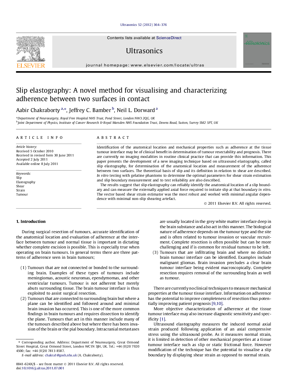 Slip elastography: A novel method for visualising and characterizing adherence between two surfaces in contact