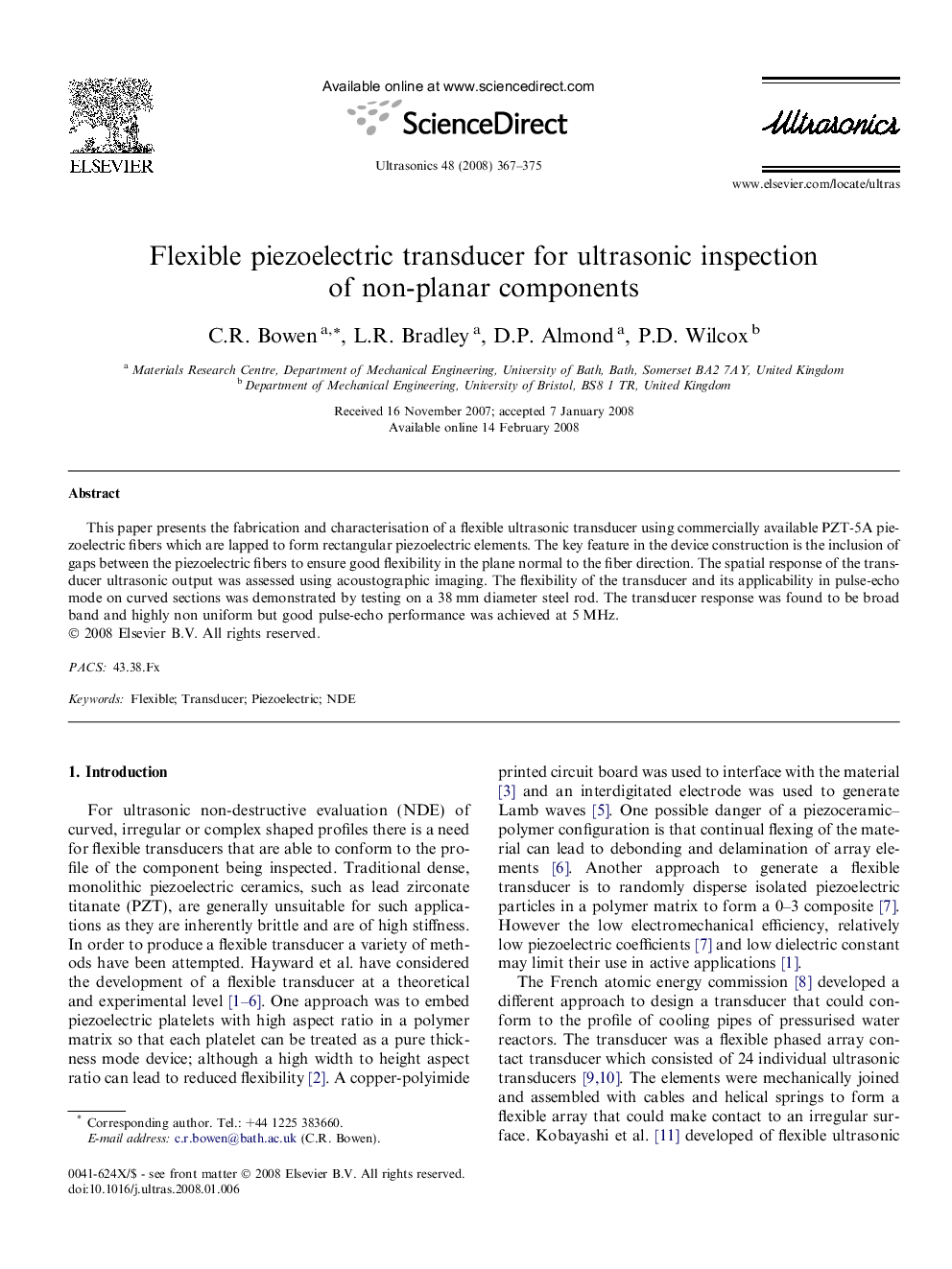 Flexible piezoelectric transducer for ultrasonic inspection of non-planar components