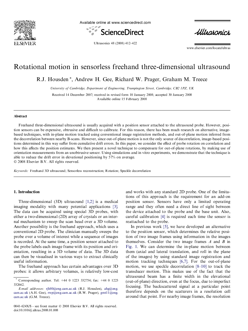 Rotational motion in sensorless freehand three-dimensional ultrasound